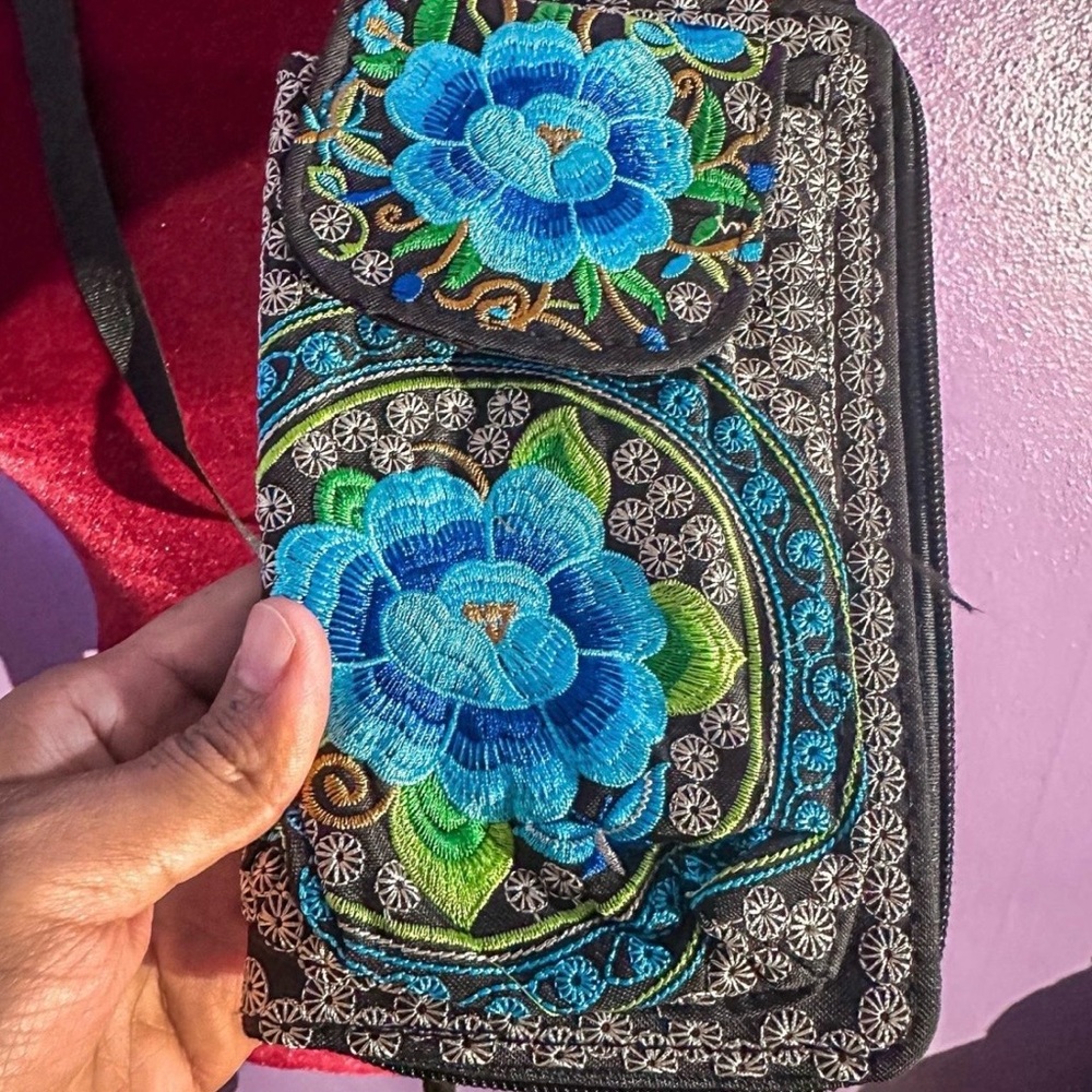 Floral Embroidered Black and Blue Clutch
